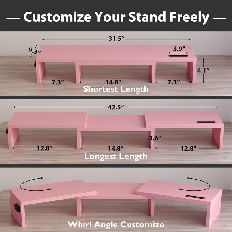 BONTEC Dual Monitor Stand Riser with Smartphone Holder, Adjustable Length & Swivel Angle, Ergonomic Wooden Desktop Organizer for PC Monitor, Laptop, Printer, Large Storage, Pink - Image 3